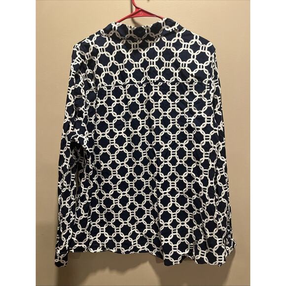 Crown & Ivy Women Blue White Geometric Blouse 3X Nautical Preppy Classic Capsule - Picture 3 of 10